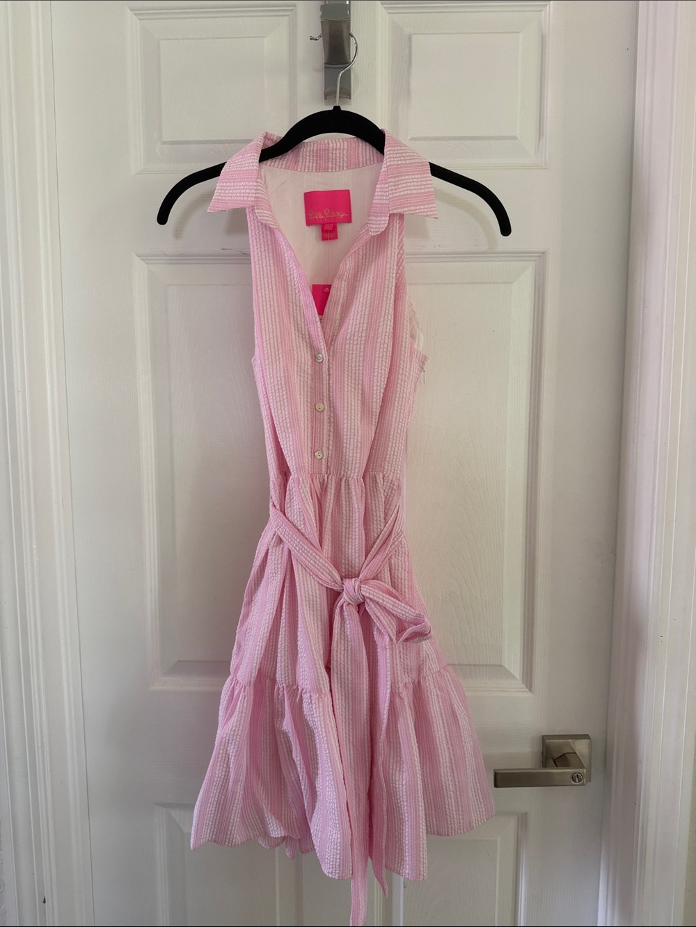 Lilly Pulitzer Pink Sleeveless Seersucker Tie-Waist Dress